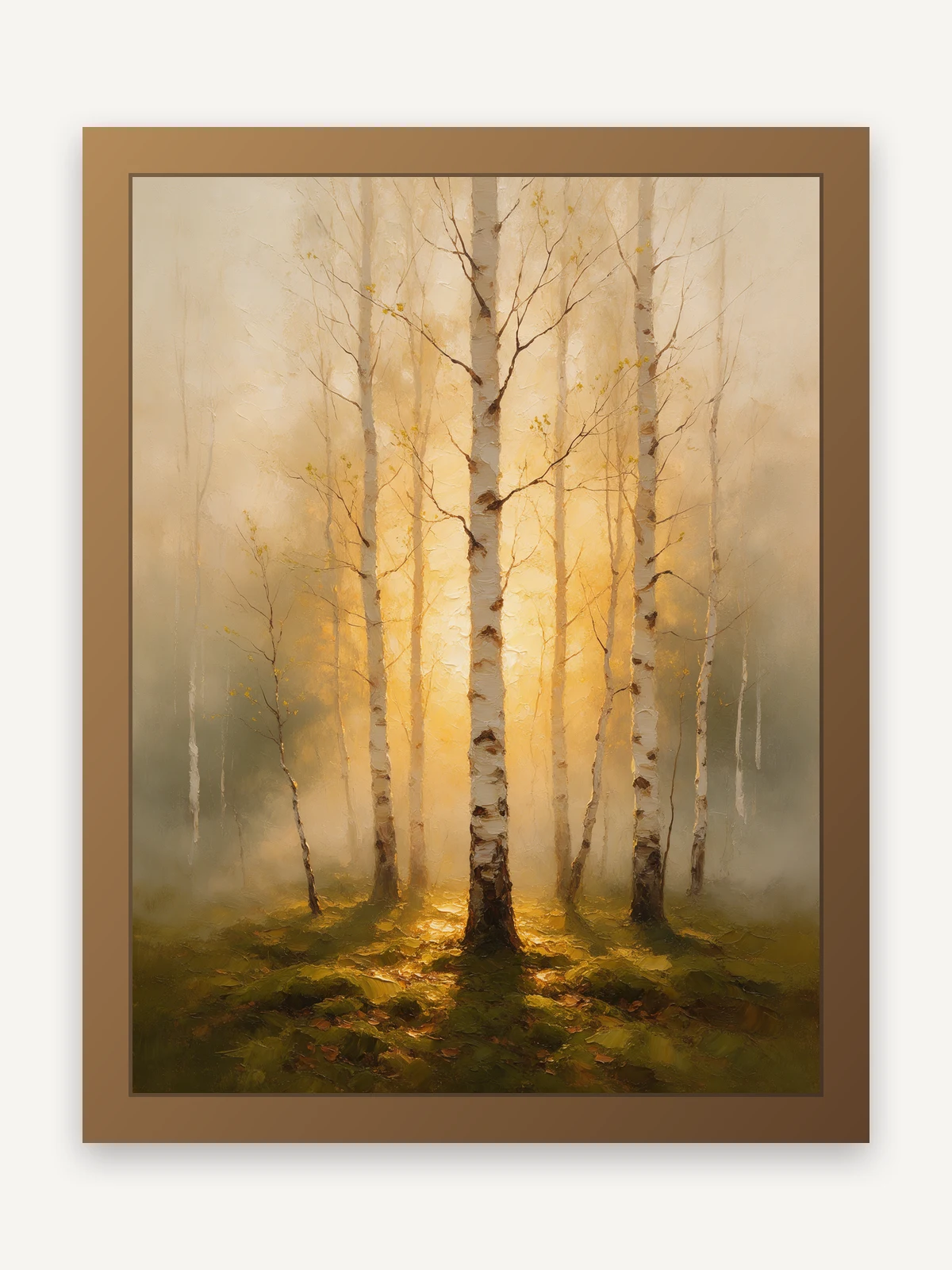 Peinture à l'huile texturée représentant un bosquet de bouleaux au début du printemps enveloppé d'une brume dorée.