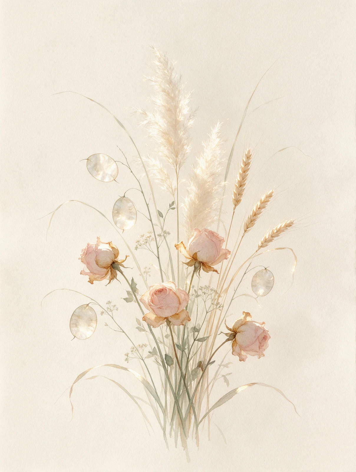 Aquarelle délicate d'un bouquet de fleurs séchées et graminées dans des tons sauge, blush et ocre sur fond de papier texturé.