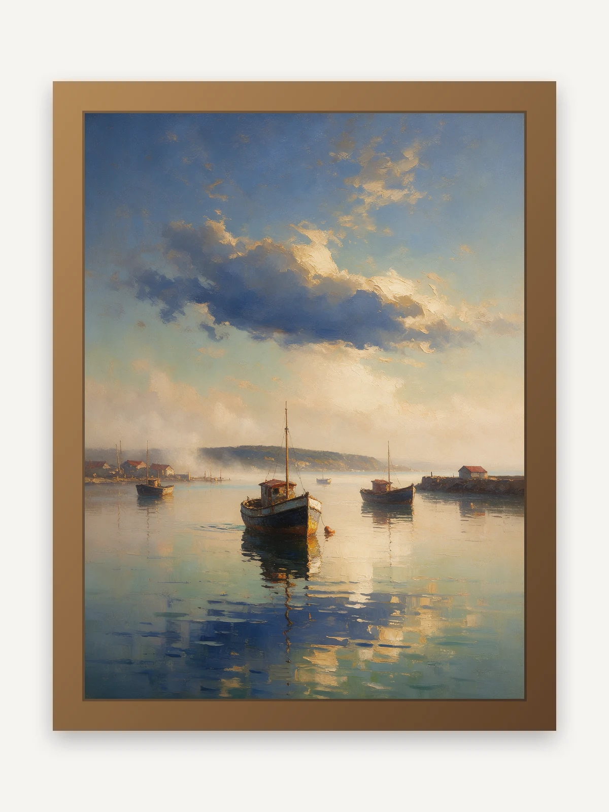 Peinture à l'huile texturée représentant des barques de pêche au repos dans un port paisible sous une lumière dorée après la pluie.